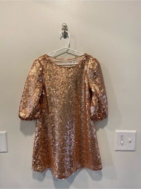 Gap Kids rose gold sequin shift dress short balloon sleeves size small 6-7 party